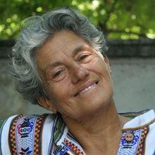 Older woman with grey hair staring at the camera