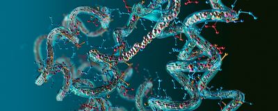 Artist&rsquo;s rendition of translucent teal proteins comprised of red spherical amino acids