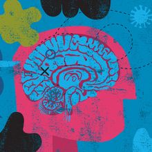 Artist’s rendering of brain fog: a bright blue drawing of a brain sits inside of a pink drawing of a head in profile surrounded by miscellaneous shapes