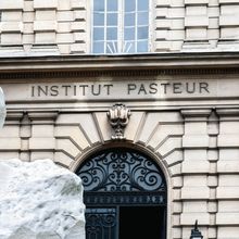 Photo of carved bust in front of building labeled "Institut Pasteur"