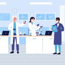 Illustration of a group scientists in medical or chemical laboratory.